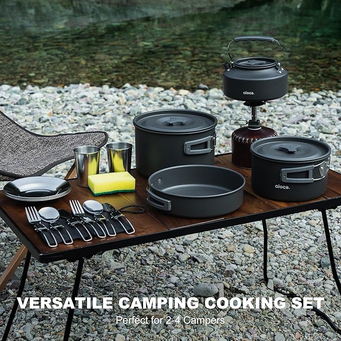 Alocs Camping Cookware Set - Lightweight Camping Pots and Pans - Portable Outdoor Cookware with Kettle - Camping Cookware Mess Kit for 2