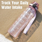 OLDLEY Water Bottle, 32oz Motivational Sports Water Bottle with Time Marker - Times to Drink - Tritan, BPA Free, Wide Mouth Leakproof, Anniversary Birthday Gifts for Men Women, Clear Pink