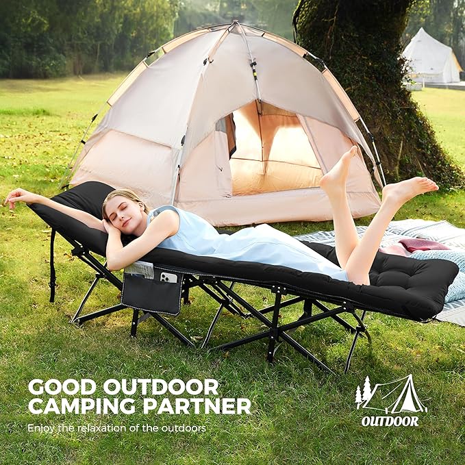 JEAREY 2-Piece Camping Cot for Sleeping 28" Extra Wide, Heavy-Duty 1200D Oxford Foliding Cots for Adults Portable with Mattress, Carry Bag for Guest, Travel, Hiking, Black