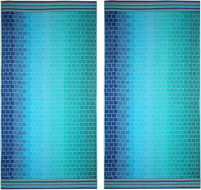 COTTON CRAFT Oversized XL Beach Towel 39 x 68-2 Pack - 100% Cotton Velour - Big & Huge - Pool Picnic Bath Towels - Jacquard Terry Thick Plush Super Soft Luxury - 450 GSM - Blue Tiles