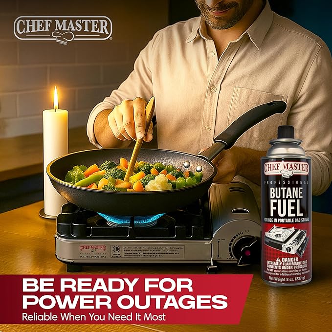 Chef Master 12x 8oz Butane Fuel Canister - Butane Canister for Kitchen Torch & Camp Stove - Gas for Picnics, Outdoor Cooking, Grilling - Camping Fuel Canister, Torch Fuel Camping Essentials - 90340