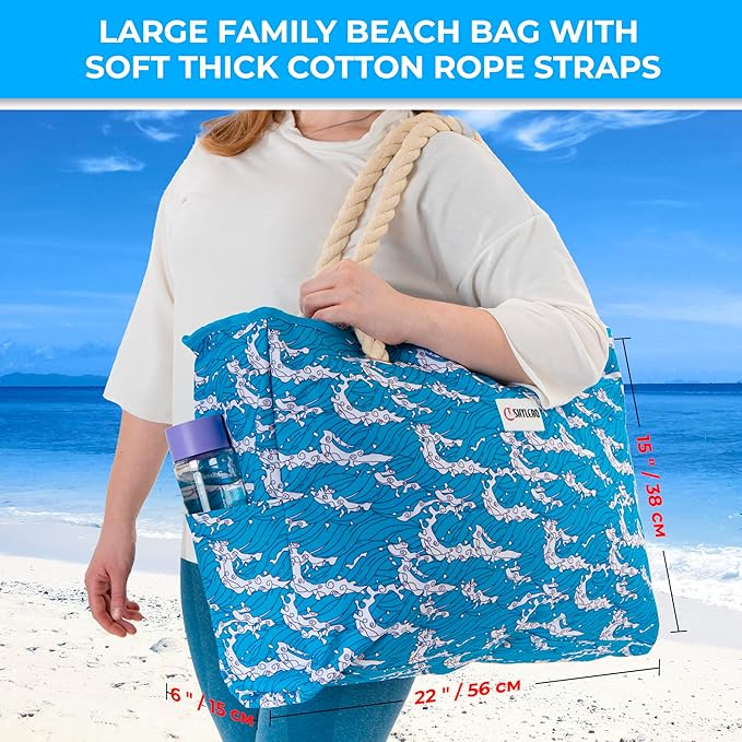 Beach Bag and Pool Bag Has Cooler Pocket, 7 Pockets Total, Zip Top. Family Size Waterproof Beach Tote