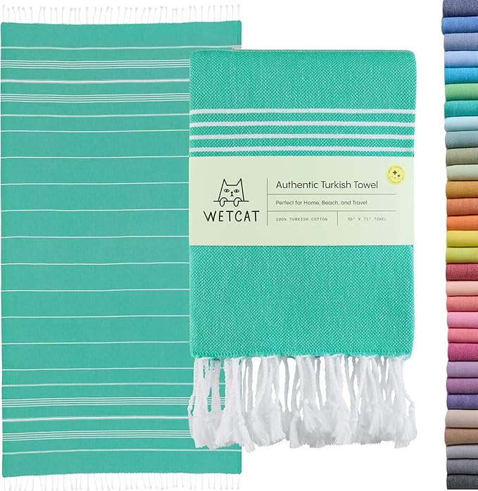WETCAT Turkish Beach Towel Oversized (38"x71") 100% Turkish Cotton, Made in Turkey - Sand Free, Extra Large, Ultra Soft, Quick Drying, Compact & Lightweight for Travel - Mint Green