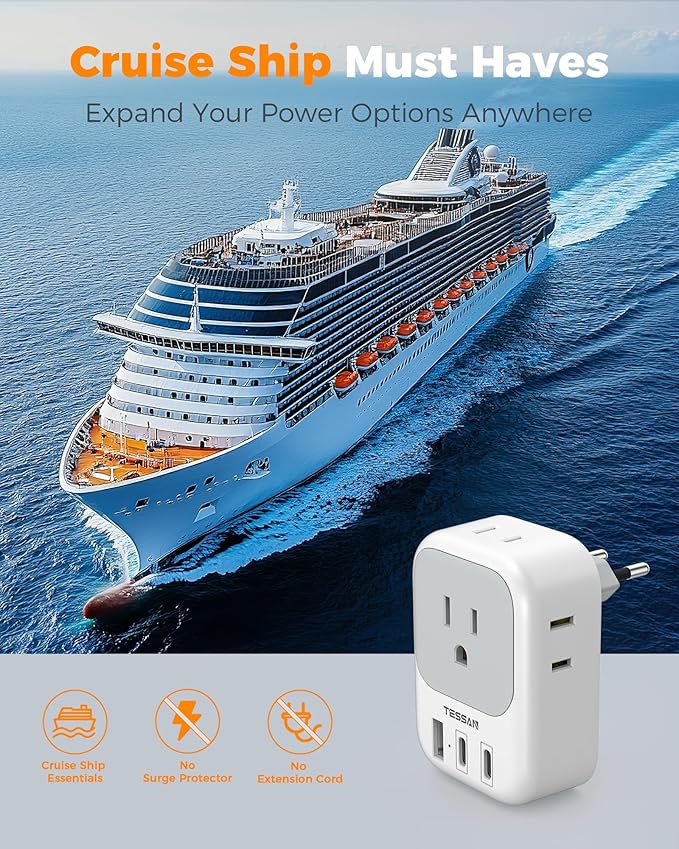 2 Pack European Travel Plug Adapter (No Voltage Conversion), TESSAN US to Europe Plug Adapter with 4 Electrical Outlets 3 USB Ports (2 USB C), Type C Power Adaptor for EU Italy Iceland Spain