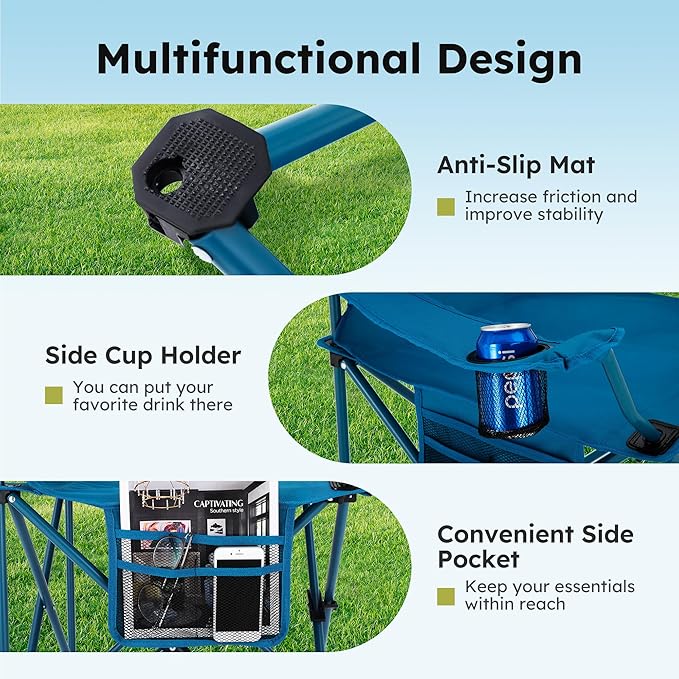 ALPHA CAMP Camping Chairs 250LBS Capacity, Heavy Duty Folding Chair with 4-Can Cooler Bag, Portable Outdoor Chair with Cup Holder for Adults, Collapsible for Tailgating, Beach, Fishing,Black,2PC