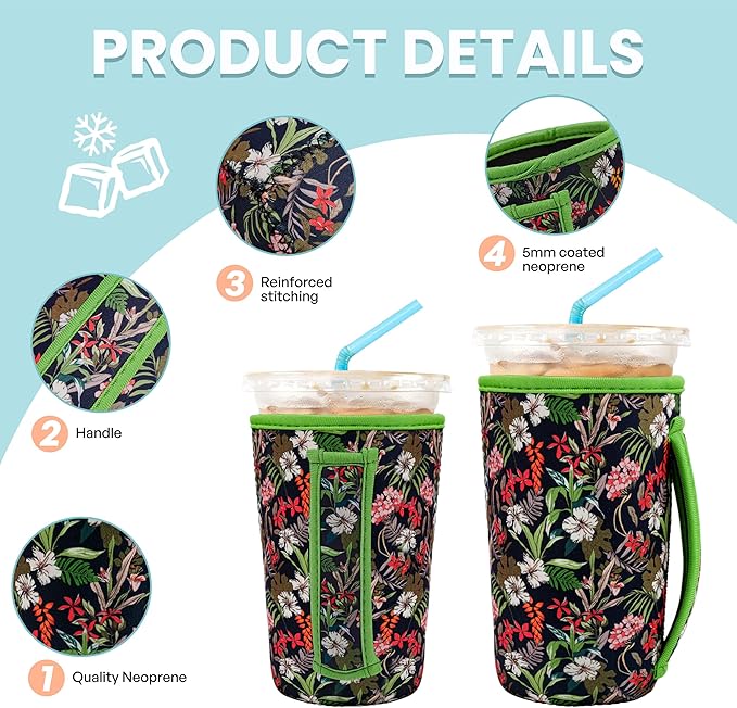 KJQJLY 3 Pack Reusable Iced Coffee Sleeves for Iced Coffee Cups or Drinks Reusable Neoprene Insulated Sleeves for Hot and Cold Drinks from Starbucks, Dunkin, And More (Leaves and grass)