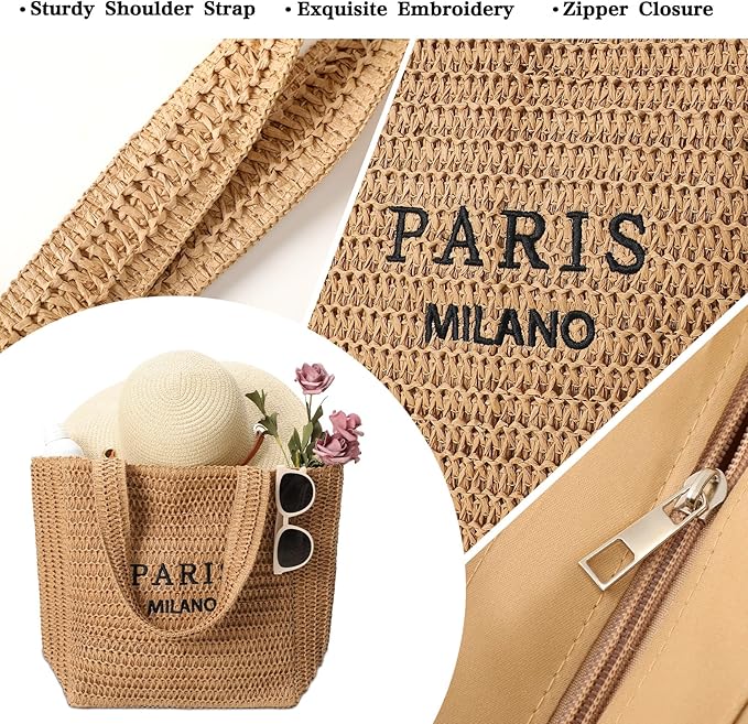 Tavaleu Straw Beach Bags for Women, Large Beach Bag Summer Woven Tote Bag Travel Shoulder Handbags for Holiday