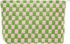 PAZIMIIK Knitted Checkered Makeup Bag Large Zipper Make Up Accessory Pouch for Purse Cosmetic Brush Bag for Travel Essential Pink Green