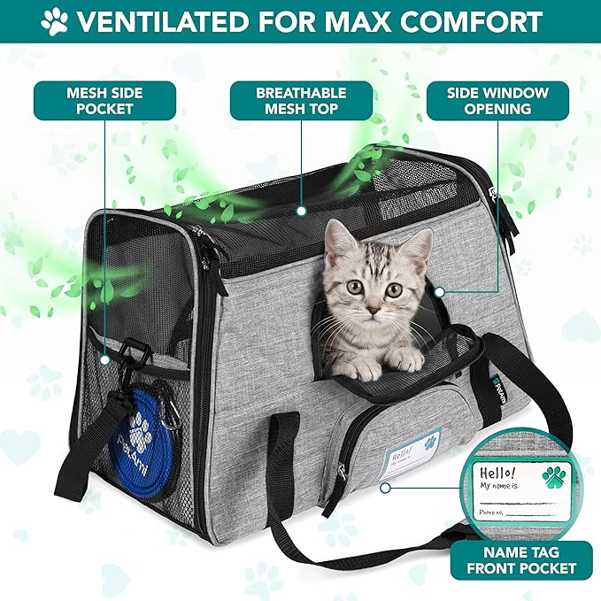 PetAmi Airline Approved Pet Carrier for Cats & Small Dogs, Soft Sided TSA Travel Carrier Bag Sherpa Bed, Breathable Mesh Ventilation, Collapsible Bowl, Fit Under Seat, Up to 18 lbs, Large Heather Gray