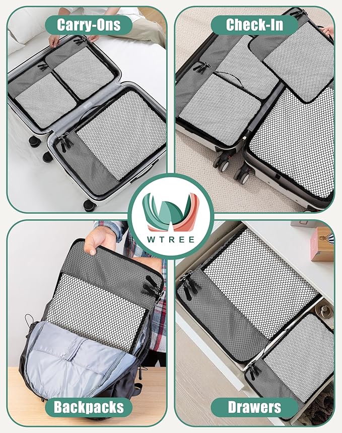 WTREE 4-Piece Packing Cubes Travel Accessories Set for Suitcases - Luggage Organizer Bags with Double Zipper - Mesh Top - Large - Dark Grey