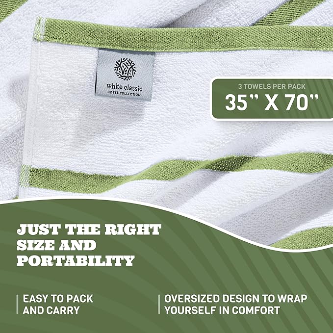 White Classic Cotton Pool Towels Oversized 35 x 70 Inches, Ultra Absorbent and Low Lint Striped Beach Towels for Adults, Stripes Design Luxury Extra Large Bath Towels, Green, 3 Pack