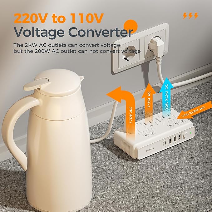TESSAN Voltage Converter US to Europe, 220 to 110 Voltage Converter, Universal Travel Adapter with 4 USB Ports (1 USB C), 3 AC and EU UK AU IT in ZA Plug Power Adapter, Step Down Transformer, 4 FT