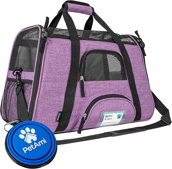 PetAmi Airline Approved Pet Carrier for Cats & Small Dogs, Soft Sided TSA Travel Carrier Bag with Sherpa Bed, Breathable Mesh Ventilation, Collapsible Bowl, Up to 18 lbs, Large Heather Purple