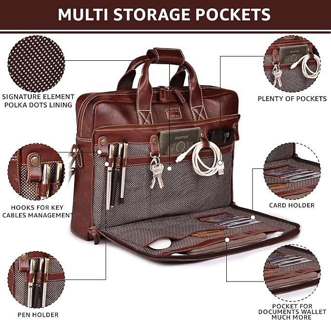 LEATHER VILLAGE 18" Leather Laptop Messenger Briefcase Bag for Men-Leather Satchel for Travel and Office Shoulder Bag-Red Brown