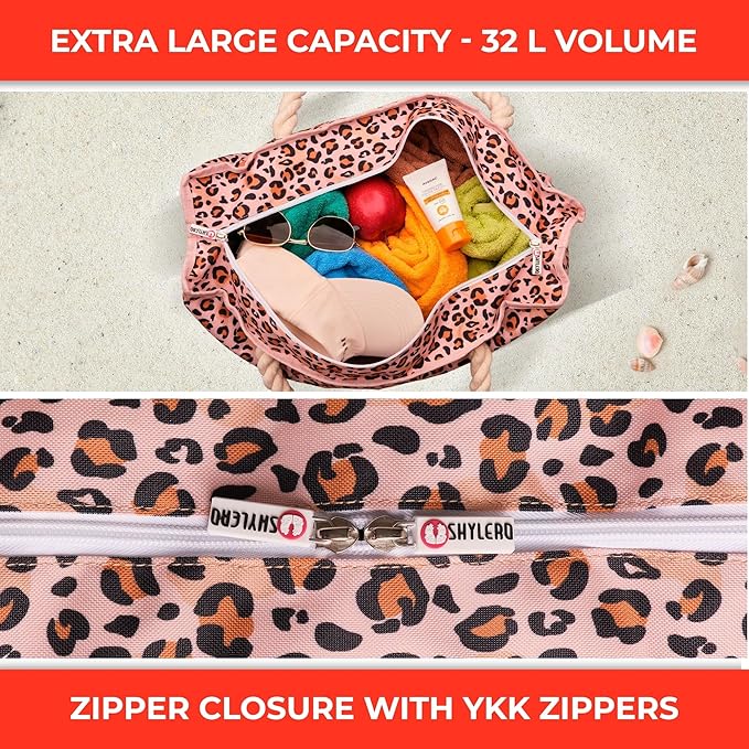 Beach Bag and Pool Bag Has Cooler Pocket, 7 Pockets Total, Zip Top. Family Size Waterproof Beach Tote