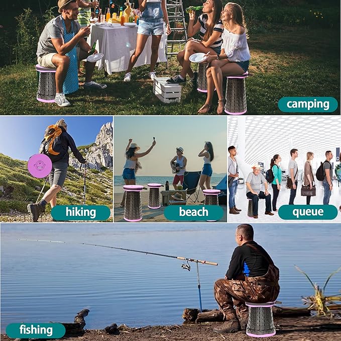 ALEVMOOM Upgraded Portable Collapsible Stool with Cushion,Telescoping Folding Stool for Adults,Yet More Sturdy Camping Stool with Load Capacity 1000lbs,for Outdoor Garden Hiking BBQ