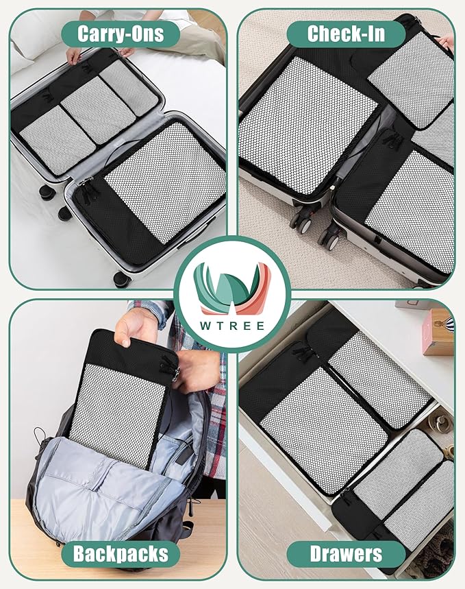 WTREE 4-Piece Packing Cubes Travel Accessories Set for Suitcases - Luggage Organizer Bags with Double Zipper - Mesh Top - Small/Medium/Large/Slim - Black