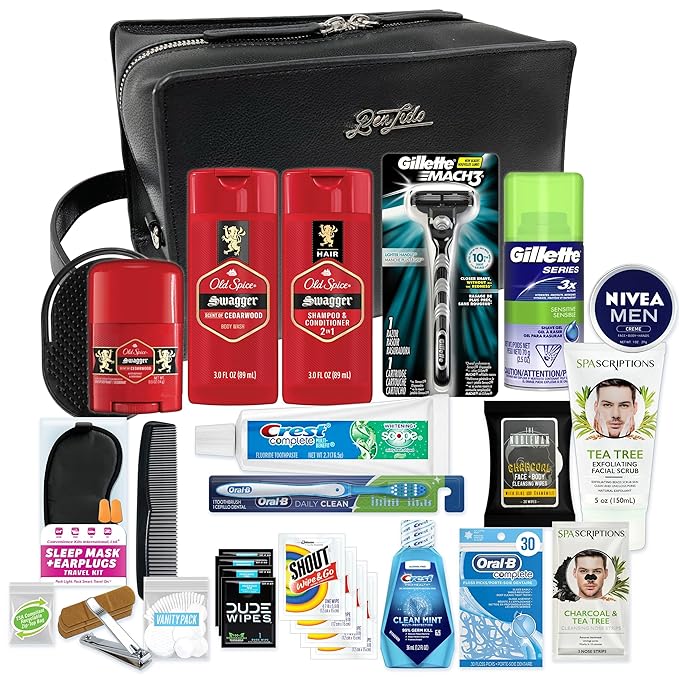 Convenience Kits International Men’s Super Premium 30 PC Travel Kit Featuring: Travel-Size Hair Care Products Plus Face, Body, Oral Care, Travel Essentials in Large Leather Toiletry Bag