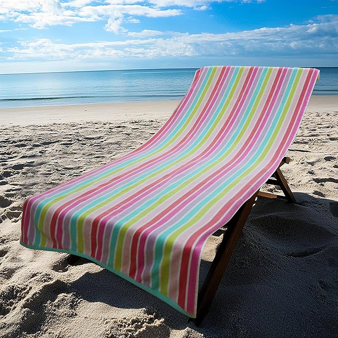 COTTON CRAFT Oversized Beach Towel - 2 Pack XL 39 x 68 inches Big & Huge Beach Blanket Towel - 100% Cotton Dobby Terry Velour Stripe - Super Soft Luxury - Pool Picnic Bath - Pink Multi