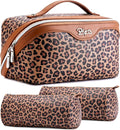 BOYATU Travel Makeup Bag for Women: 3 Pcs Set Portable Make up Bags with Handle - Leopard Print Cosmetic Bags with Comparments - Waterproof Vegan Leather Toiletry Bag (A-1-Brown)