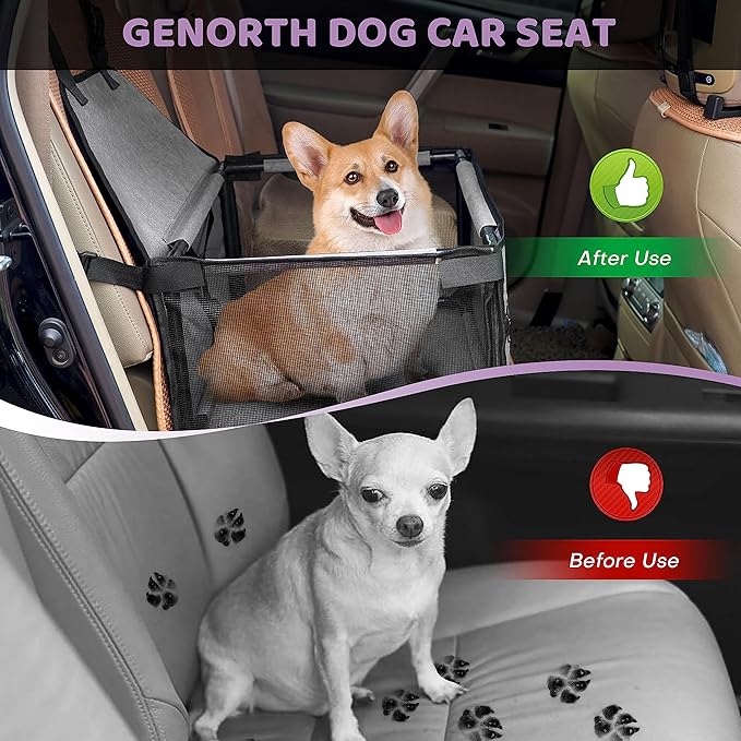 GENORTH Dog Car Seats for Small and Medium Dogs,Portable Puppy/Pet Car Booster Seat with Clip-On Leash and Mesh Window for Pet Up to 20 lbs