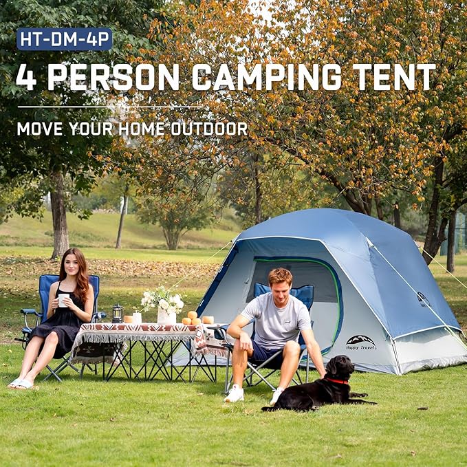 Happy Travel Camping Tent, 4 Person Dome Tents for Camping with Rainfly, Waterproof Clip Easy Setup Portable Family Tent with Mesh Windows, 20% More Headroom Backpacking Tents for Camping & Hiking