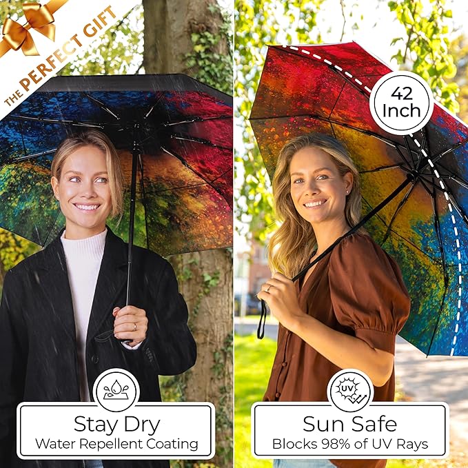 TUMELLA Strongest Windproof Travel Umbrella (Compact, Superior & Beautiful), Small, Wind-Tested, Light & Portable, Automatic Folding Rain Umbrella, Durable Premium Grip, Fits Car and Backpack