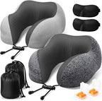 ExploreBliss Travel Pillow, 2 Pack Travel Pillows for Sleeping Airplane, Neck Pillow Airplane, Memory Foam Neck Pillow Set with Eye Mask, Earplugs and Storage Bag -Grey & Light Grey