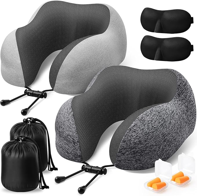 ExploreBliss Travel Pillow, 2 Pack Travel Pillows for Sleeping Airplane, Neck Pillow Airplane, Memory Foam Neck Pillow Set with Eye Mask, Earplugs and Storage Bag -Grey & Light Grey