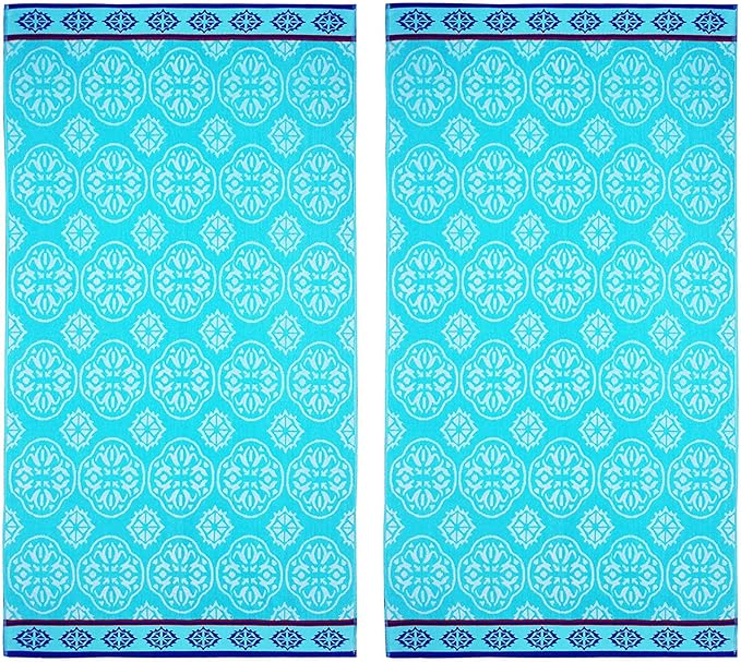 COTTON CRAFT Oversized XL Beach Towel 39 x 68-2 Pack - 100% Cotton Velour - Big & Huge - Pool Picnic Bath Towels - Jacquard Terry Thick Plush Super Soft Luxury - 450 GSM - Summer Trellis Pool Blue