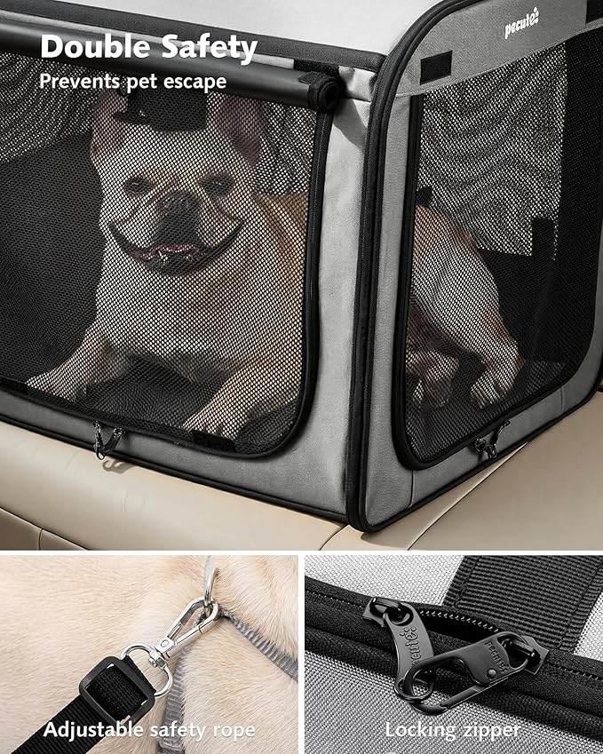 Dog Car Carrier Light Weight 24×17.7×20.5in, Dog Carrier Easy to Assemble, Dog Car Crate Portable and Breathable, Foldable Pet Carrier for Indoor and Outdoor, Dog Travel Crate with Curtain Gray