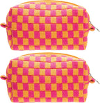 PAZIMIIK 2PCS Checkered Makeup Bag for Purse Portable Zipper Make Up Pouch Small Cosmetic Case for Travel Red Orange