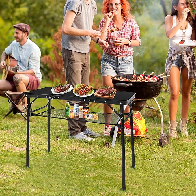 Folding Camping Table with Storage Net,3ft Portable Aluminum Folding Table with 3 Adjustable Height Max 27.3 Inch for Outdoor Backyard BBQ Picnic Cooking Tents Beach Indoor Bedroom（Black）