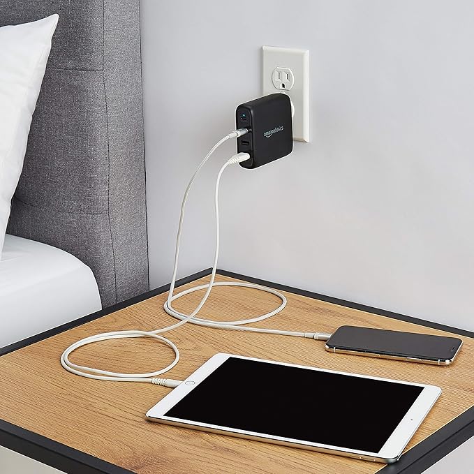 Amazon Basics 100W Four-Port GaN Wall Charger with 2 USB-C (100W, 18W) & 2 USB-A Ports (12W), PD 3.0, Foldable Plug, Portable Multi-Device Charging for Laptops, Tablets & Phones, Black
