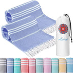 2 Pack Turkish Beach Towels Vacation Essentials with Bag Quick Dry Sand Free Soft Absorbent Adult Bath Pool Swim Long Wide Stripe Towel Cloud Linen Sandfree Mat Summer Thing Lightweight Travel Blue