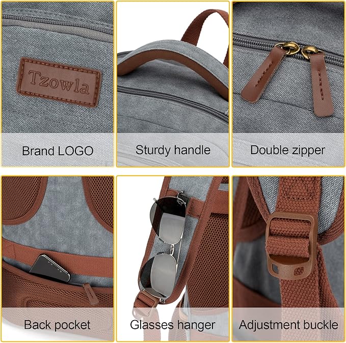 Tzowla Canvas Laptop Backpack, Bag for Men Women,Travel Work Rucksack Fits 15.6 Inch Laptop, Large Capacity Bookbag(Light Grey)
