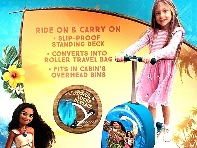 Fast Forward Moana 18" Ride-On Suitcase Scooter - Lightweight Carry-On Foldable Scooter Luggage