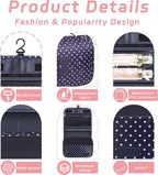 Toiletry Bag Travel Bag with Hanging Hook, Waterproof Capacity Hanging Multifunctional Makeup Bag for Toiletries, Portable Cosmetic Bag Travel Organizer for Women and Men(Navy Dot)