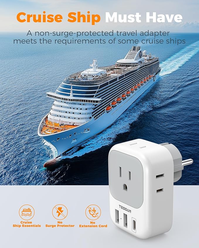 TESSAN 2 Pack Type E F Plug Adapter, Germany France Power Travel Adaptor with 3 USB Charger(1 USB C PD 20W), 4 Outlets Schuko Plug for US to Europe Spain Iceland Korea Greece Russia German French
