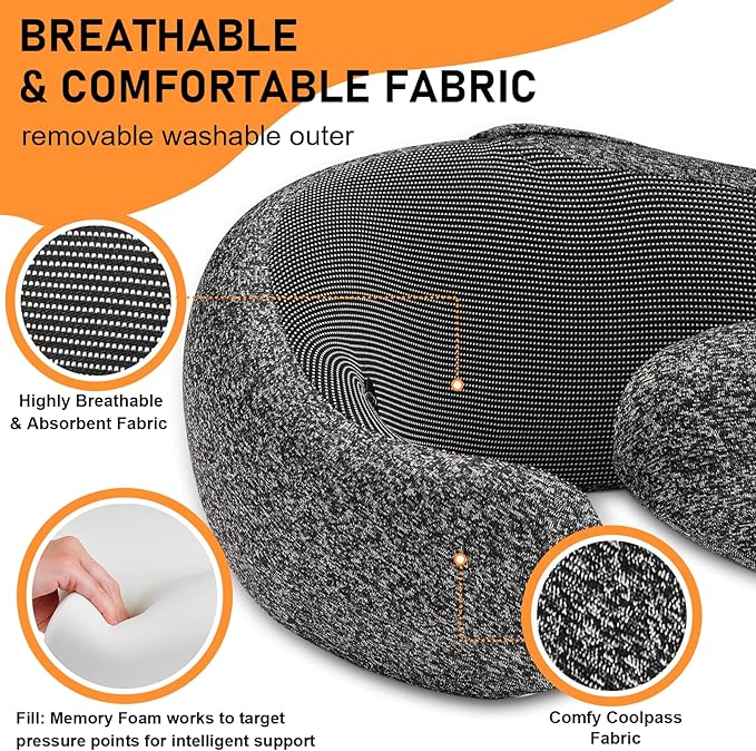 Travel Pillow - Hooded Neck Pillow Airplane Memory Foam Filling for Plane, Office, Cars Sleeping, Road Trip, Long Flights, Airplane Travel Essentials, Includes Eye Mask & Earplugs (Dark Gray)