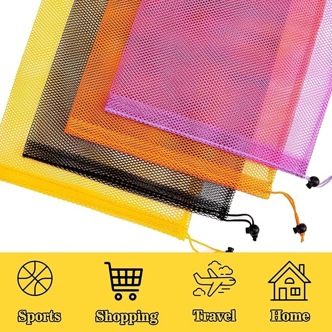 7PCS Colorful Mesh Drawstring Bag - Mesh Bag 18x12 Inch Breathable Nylon Mesh Storage Bag with Drawstring Closure Lightweight Net Organizer for Travel, Home, Gym, Daily Essentials