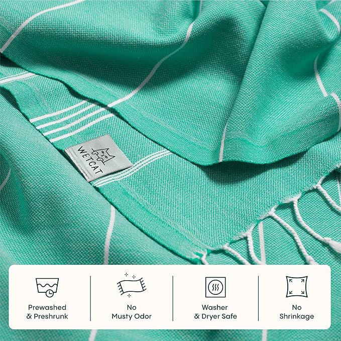 WETCAT Turkish Beach Towel Oversized (38"x71") 100% Turkish Cotton, Made in Turkey - Sand Free, Extra Large, Ultra Soft, Quick Drying, Compact & Lightweight for Travel - Mint Green