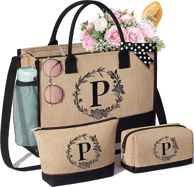 Personalized Gifts for Women Tote Bag, Initial Jute Tote Bag & Makeup Bags Monogrammed Beach Bag w/ Zipper, Mothers Day Birthday Gifts for Women Her Friends Mom Daughter Sister Grandma Teacher Nurse