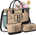 Personalized Gifts for Women Tote Bag, Initial Jute Tote Bag & Makeup Bags Monogrammed Beach Bag w/ Zipper, Mothers Day Birthday Gifts for Women Her Friends Mom Daughter Sister Grandma Teacher Nurse