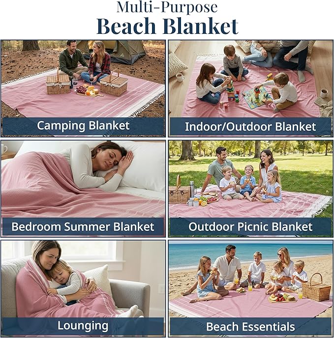 LANE LINEN Beach Vacation Essentials Blanket- Large Beach Blanket Sandproof with Quick Dry Comfort 82"x82", Perfect for Family Vacations, Park Outings, or Social Games – Candy Pink
