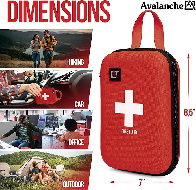 Avalanche 53 Pieces First Aid Kit, Compact Emergency Supplies Kit for Home, School, Car, Travel, Sports or Camping in Hard Shell Foam Case, Portable Mini First Aid Kit, Red