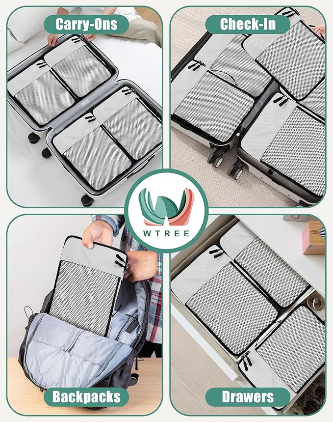 WTREE 4-Piece Packing Cubes Travel Accessories Set for Suitcases - Luggage Organizer Bags with Double Zipper - Mesh Top - Medium - Beige