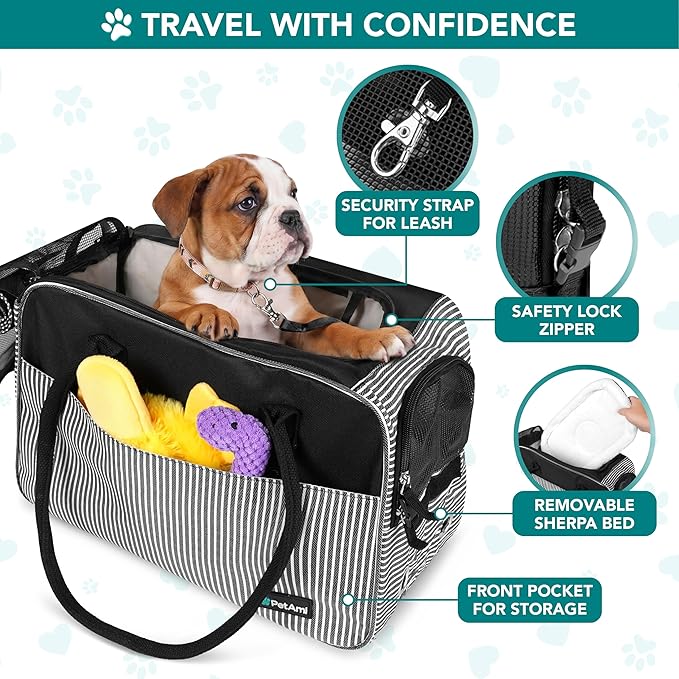 PetAmi Dog Purse Carrier for Small Dogs Cats, TSA Airline Approved Soft-Sided Pet Carrier with Pockets, Ventilated Travel Tote Bag with Bed & Shoulder Strap, Puppy Kitten, Max 12 lbs, Stripe Black