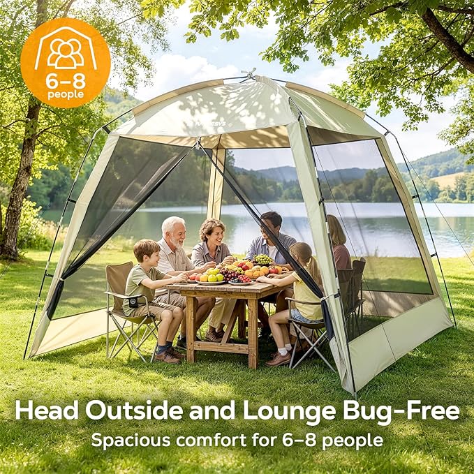 8 × 8ft Camping Screen Tent for 6-8 People, Easy Setup House Tent with 8 Ground Stakes & 4 Windproof Ropes, Portable Screened Canopy with Mosquito Net for Outdoor, Patios, Backyard, Beige