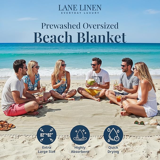 LANE LINEN Picnic Blankets - Turkish Beach Blanket Sandproof with Lightweight Quick Dry Design, 82"x82", Beach Summer Vacation Essentials for Relaxing, Park Outings or Yoga Mat – Beige